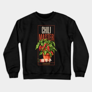 Chili master design with a chili plant, CAPSICUM, chili fruits and japanese text japanese Typography Crewneck Sweatshirt